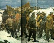 Michael Ancher redningsbaden fores gennem klitterne oil on canvas